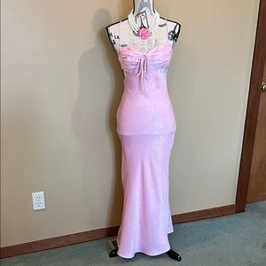 Hello Molly Light Pink Satin Ruched Tie-Front Maxi Dress